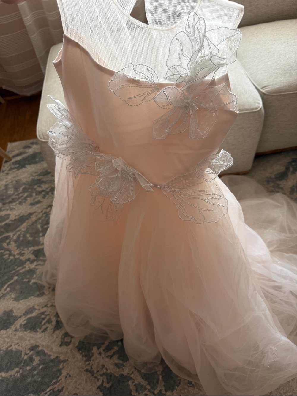 Blush Pink Floral Appliqué Tulle Dress for Girls